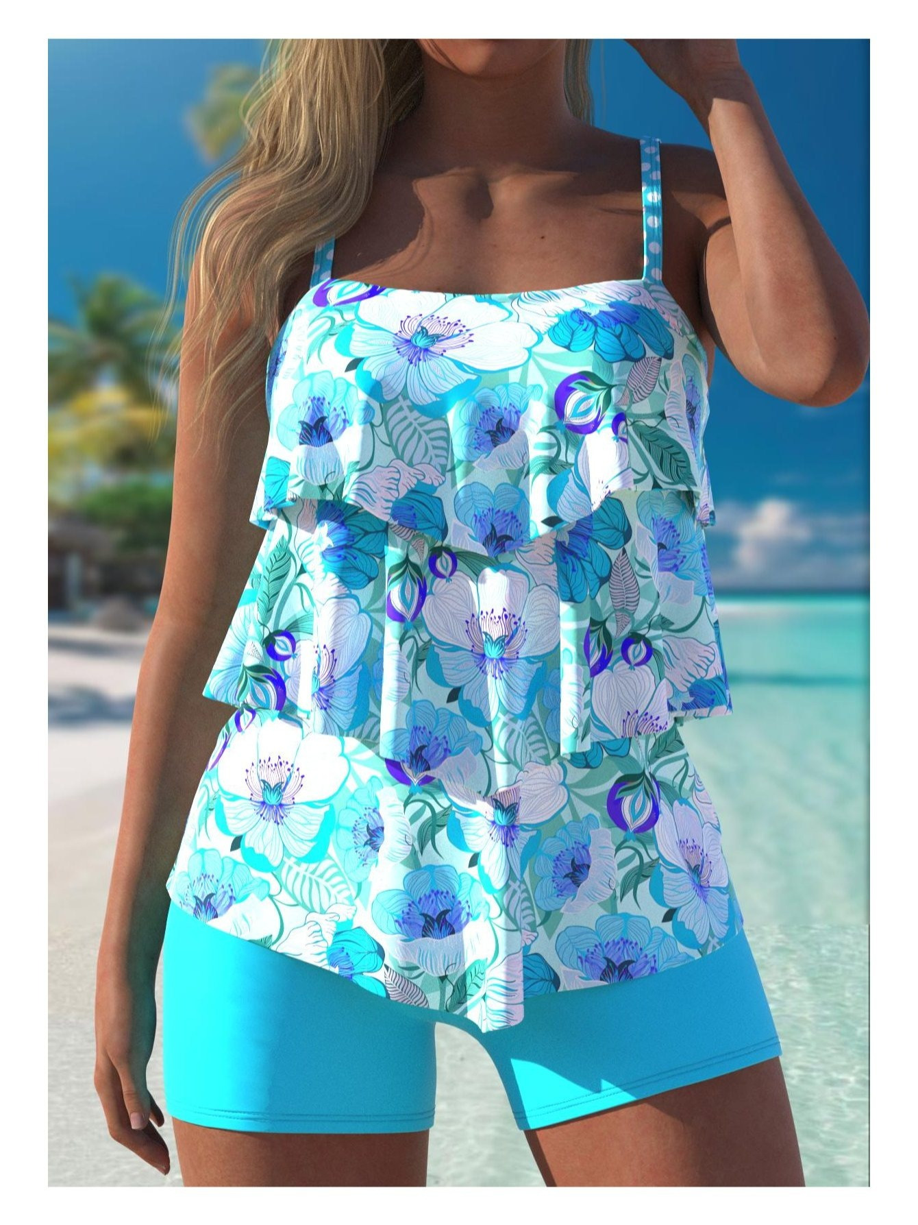 Fashionable Sunset Coconut Tree Printed Beach Vacation Style Women's Tankini Swimsuit Set | IFYHOME