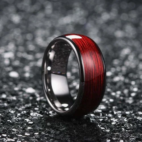 6MM 8MM Women's Or Men's Tungsten Carbide Red Wire Wedding Rings Silver with Red Wire Inlay
