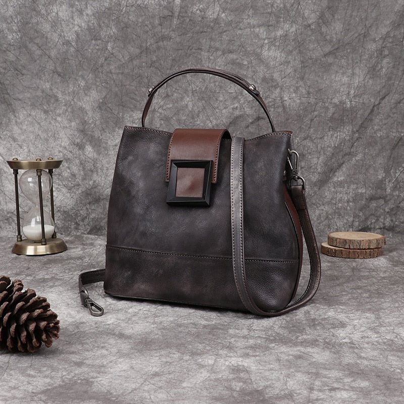 Motaora Women's Bag Retro Genuine Leather Shoulder Bags Handmade Women Bucket Bag First Layer Cowhide Top-handle Bags For Female