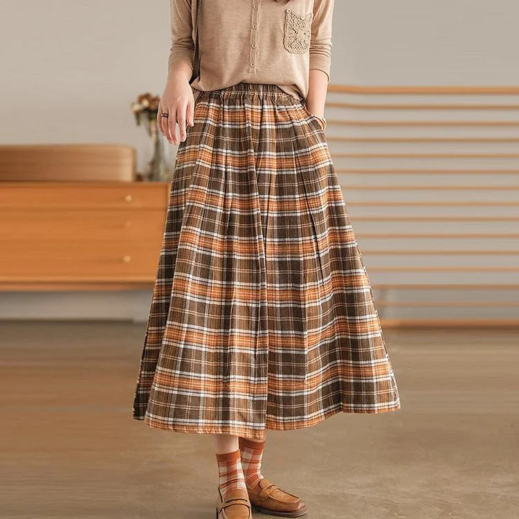 Women Plaid Pocket A-Line Vintage Elastic Waist Skirt