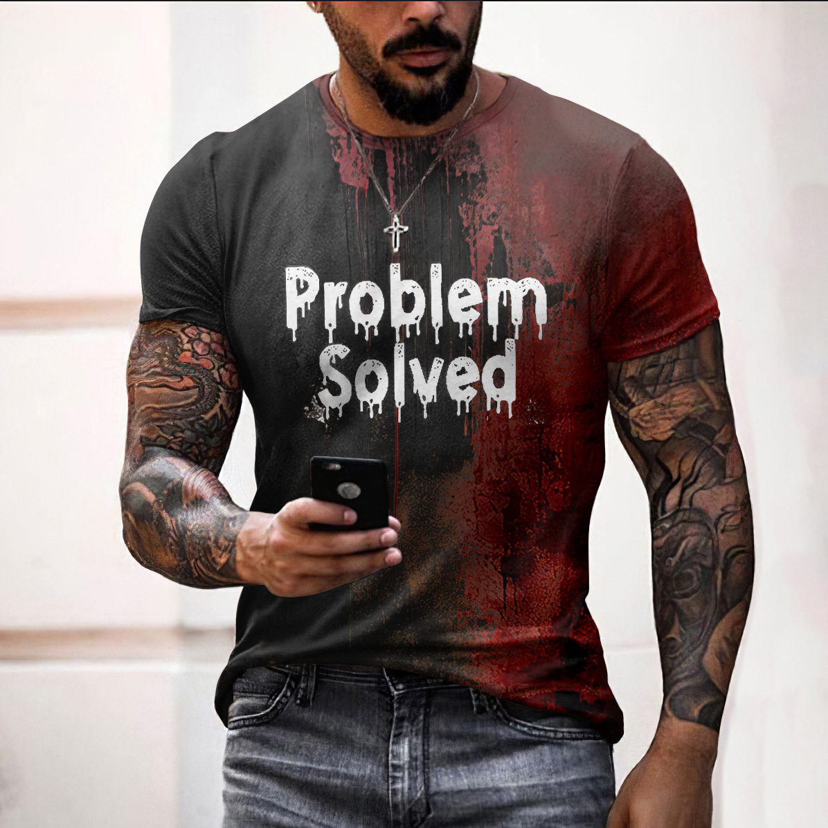 Men's Bloody Problem Solved Halloween Print T-Shirt wearshes