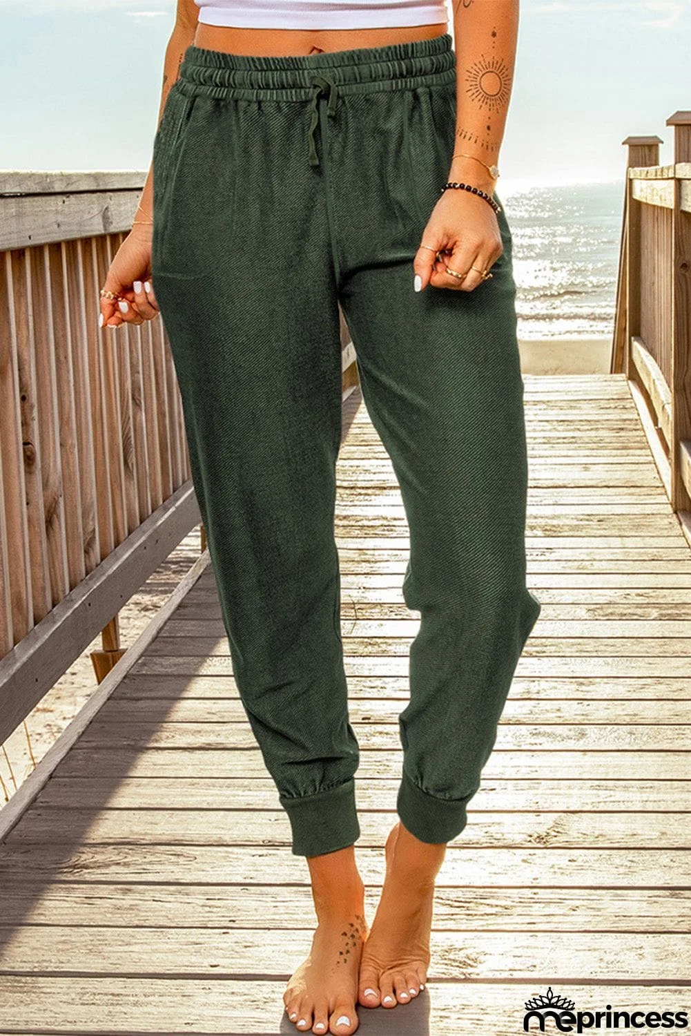 Green Elastic Waist Jogger Pants with Pockets