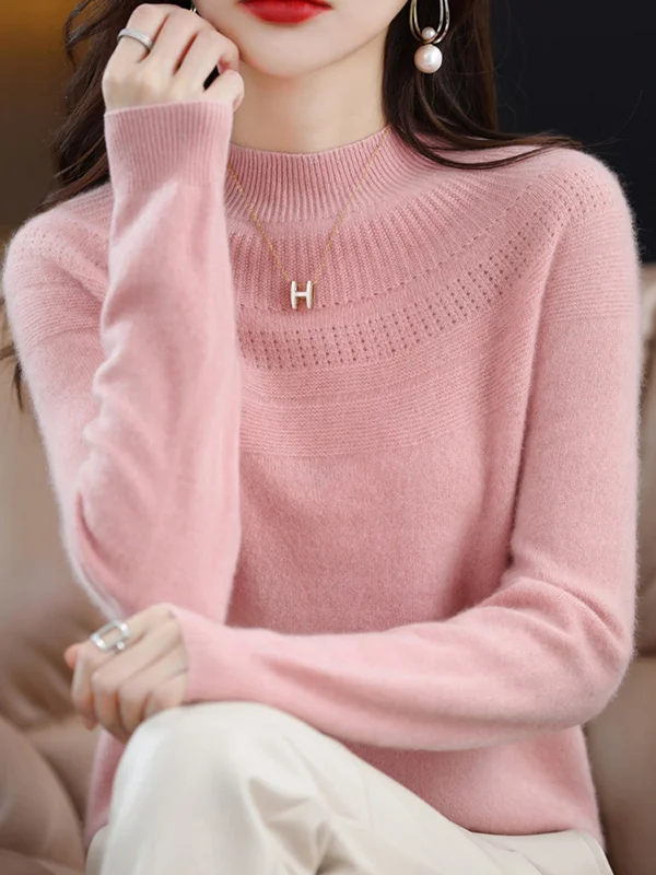 Office Raglan Sleeve Hollow Solid Color High-Neck Sweater Tops