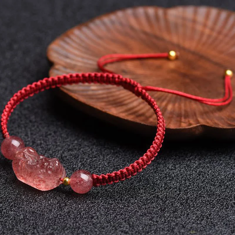 Natural Strawberry Quartz PiXiu Lucky Red String Bracelet