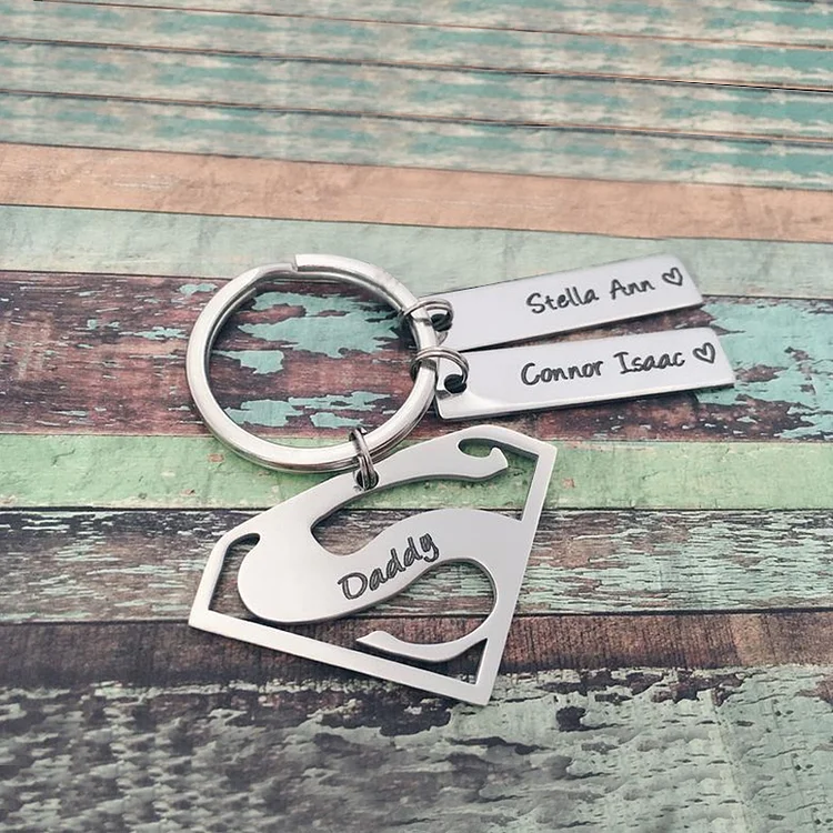 Personalised Custom 2 Names keychain-Superman Daddy Keychain Gift