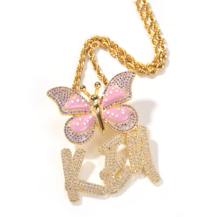 Iced Cursive Design Text Letter Stitching Butterfly Pendants Hip Hop Bling Bling Necklaces (Max up to 6 letters)