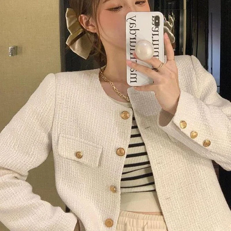 Huibahe Cropped Tweed Jacket Women Vintage Aesthetic Korean Fashion Harajuku Chic Elegant Jackets Autumn Winter Cardigan Coat