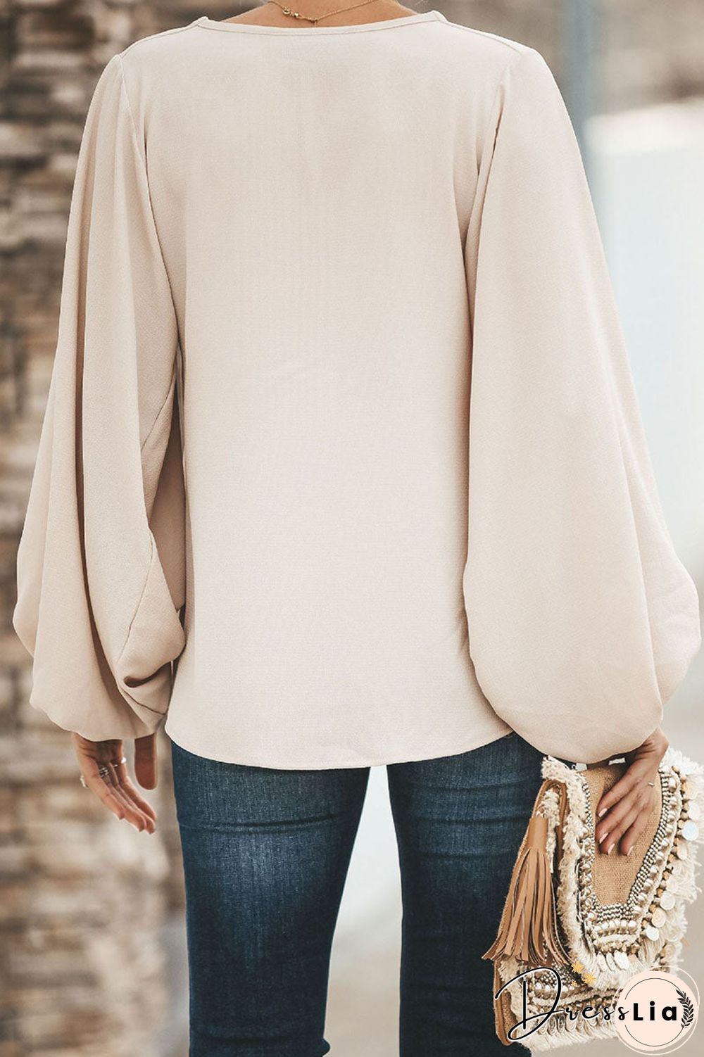 Fashion Street Solid Split Joint V Neck Tops