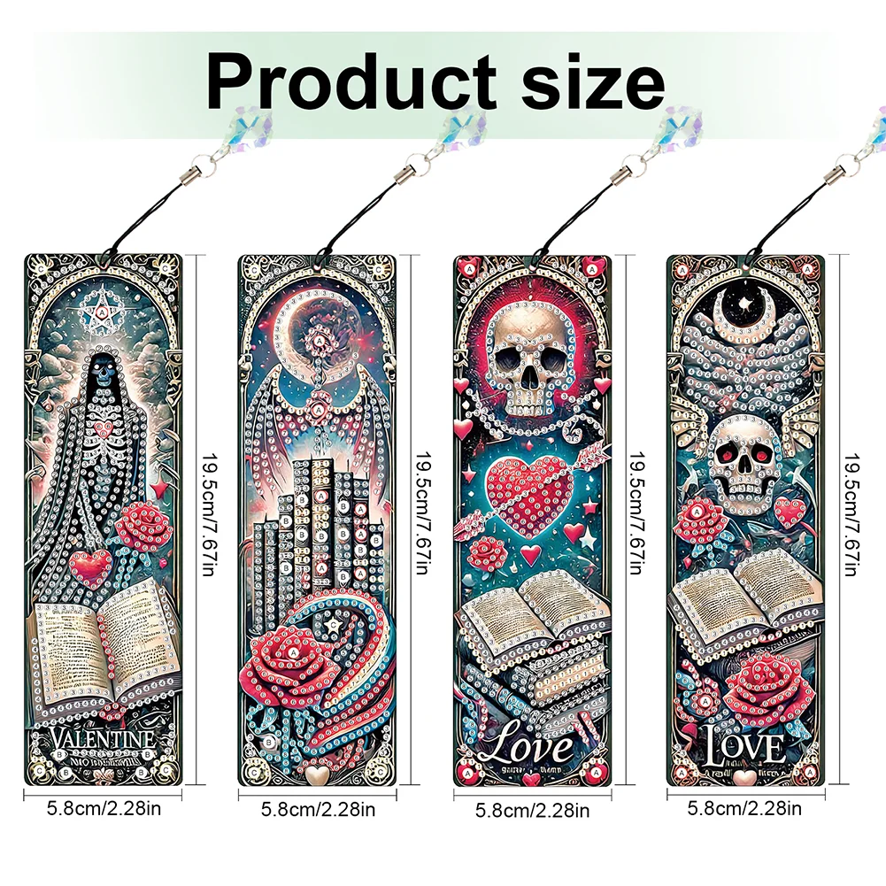 4Pcs Skull Heart Themed DIY Diamond Painting Bookmark for Reading Enthusiasts