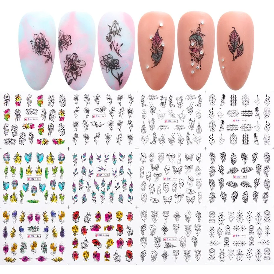 Nail Stickers Water Transfer Ink Painting Artificial Flower Designs 12Pcs/Set Nail Decal Decoration Tips For Beauty Salons-Nail Inspo