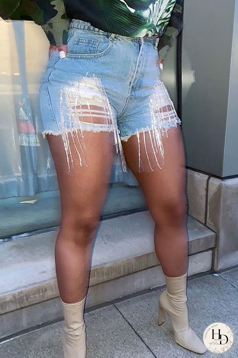 Light Blue Denim Button Fly Sleeveless Mid Patchwork Solid Hole washing Old Straight shorts Bottoms