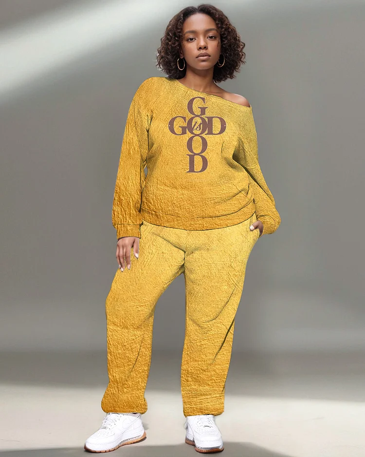 God Painting Textured Long-Sleeved Sweatshirt and Casual Pants Set