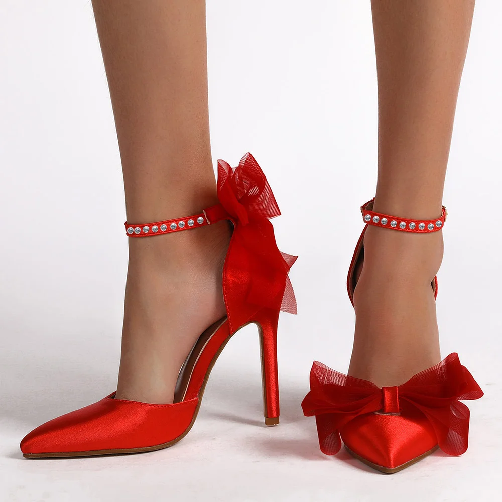 Red Suede Pumps Ankle Strap Stiletto Heels With Lace Bows Nicepairs