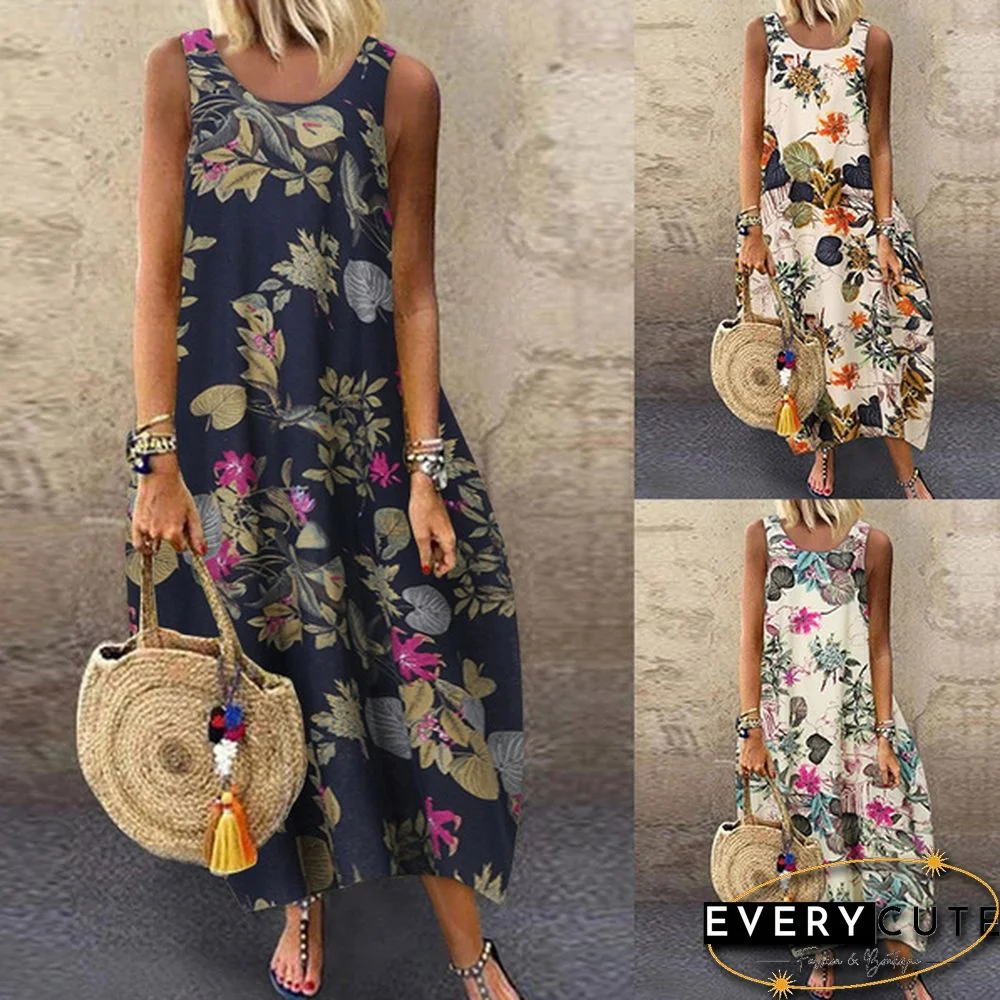 Women Summer Sleeveless Plus Size Floral Printed Long Tank Dress Sundress Beach Dresses