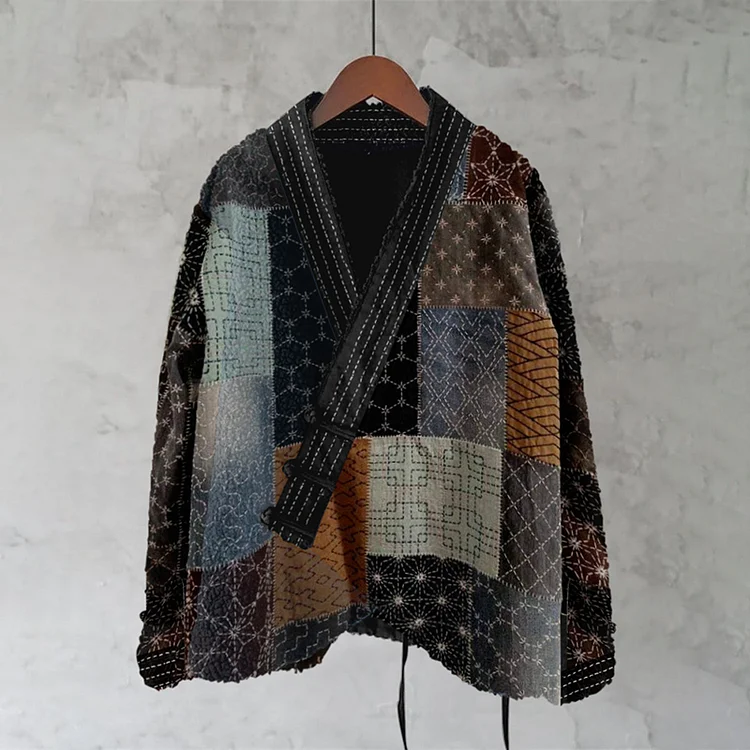 Japanese Sashiko Geometric Patchwork Pattern Women's Kimono