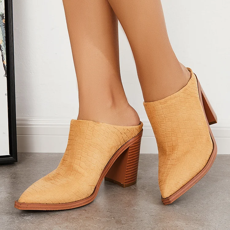 Pointed Toe Chunky Stacked Heel Mules Boots Slip on Backless Shoes