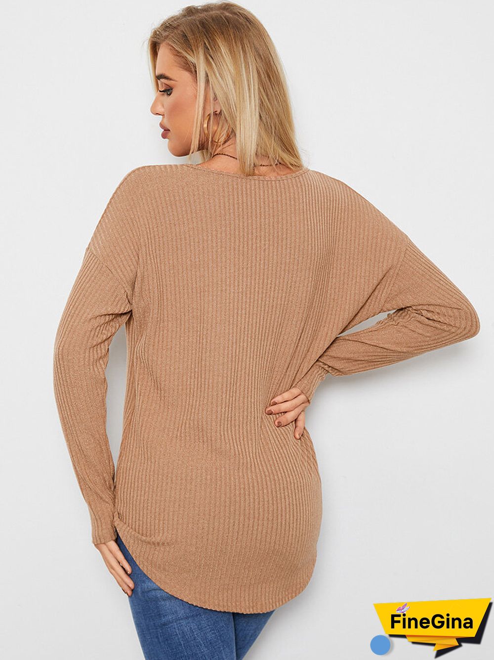 Solid Ribbed Cross Wrap V-neck Long Sleeve Loose Casual T-shirt