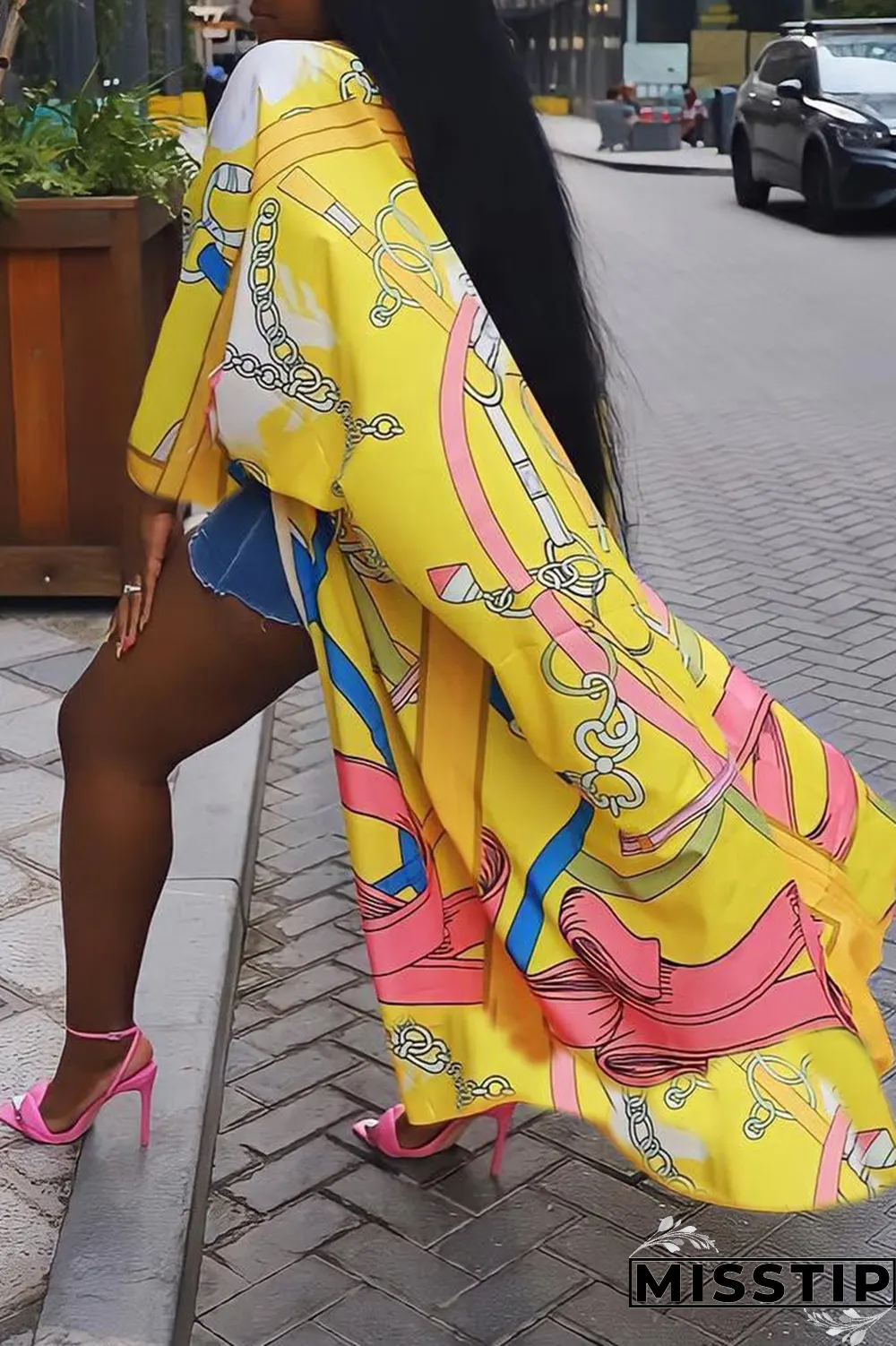Yellow Casual Print Bandage Cardigan Collar Outerwear