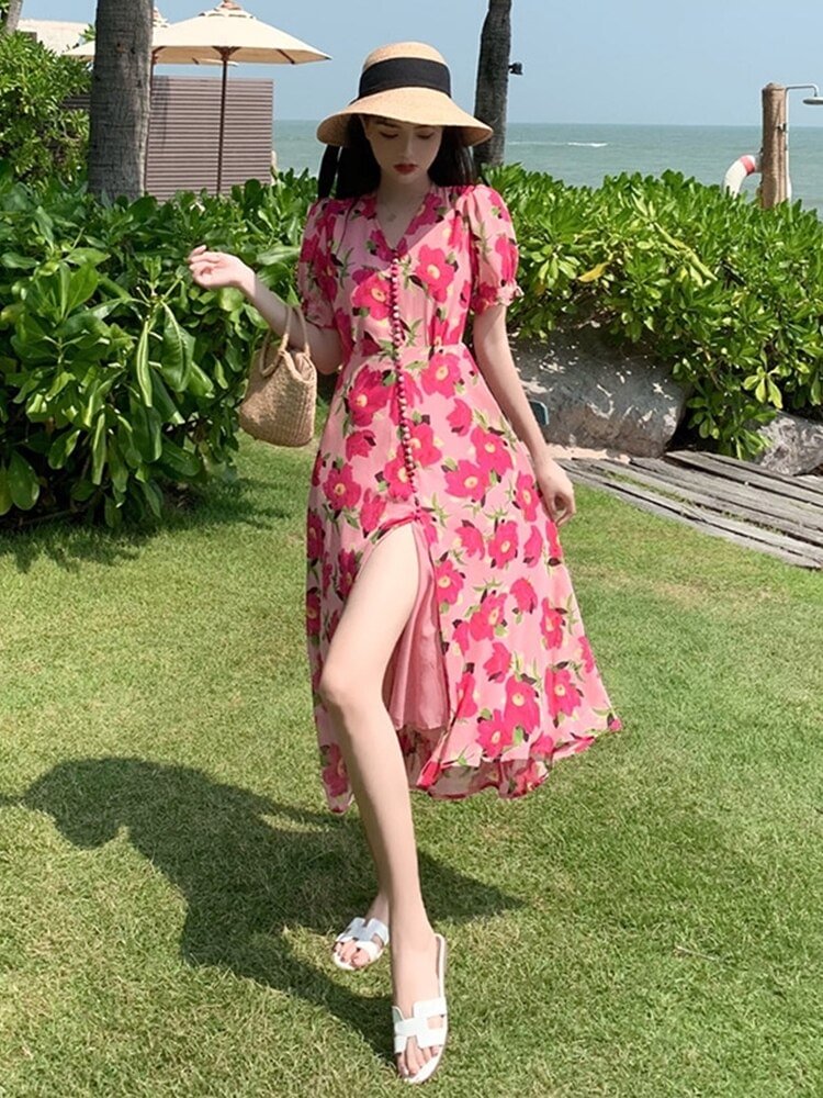 2021 Aummer V-Neck Short-Sleeved Slim Dress Female Cottagecore Elegant Flower Vintage Dress Long Pink Dress