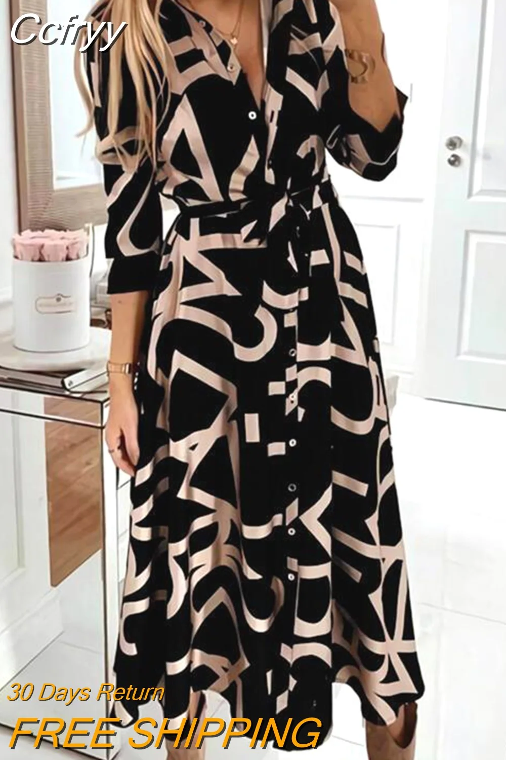 huibahe Autumn Elegant Shirt Dress Women Button Long Sleeve Tunic Midi Dress Ladies Office V Neck Print Party Dresses For Women