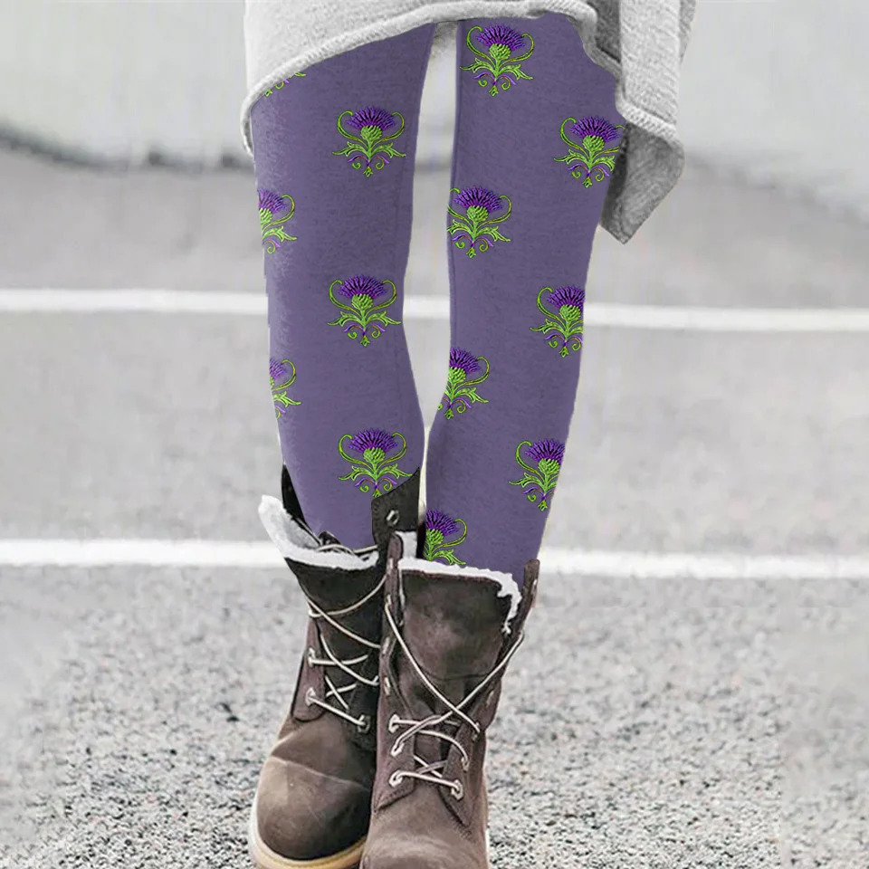 Scotland Thistle Embroidery Casual Leggings