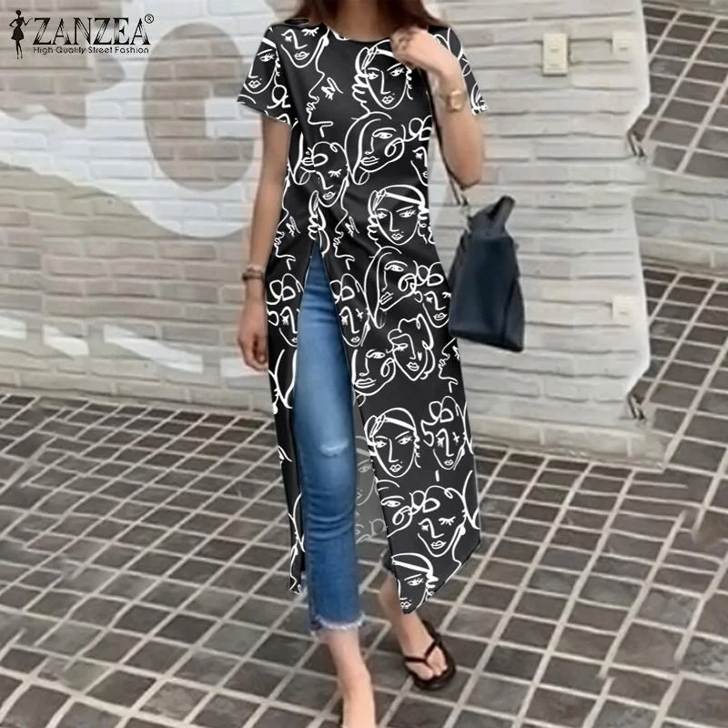 Women's Summer Blouse ZANZEA Fashion Short Sleeve Tops 2022 Casual Printed Long Shirts Irregular Slit Camisas Oversized OL Tunic