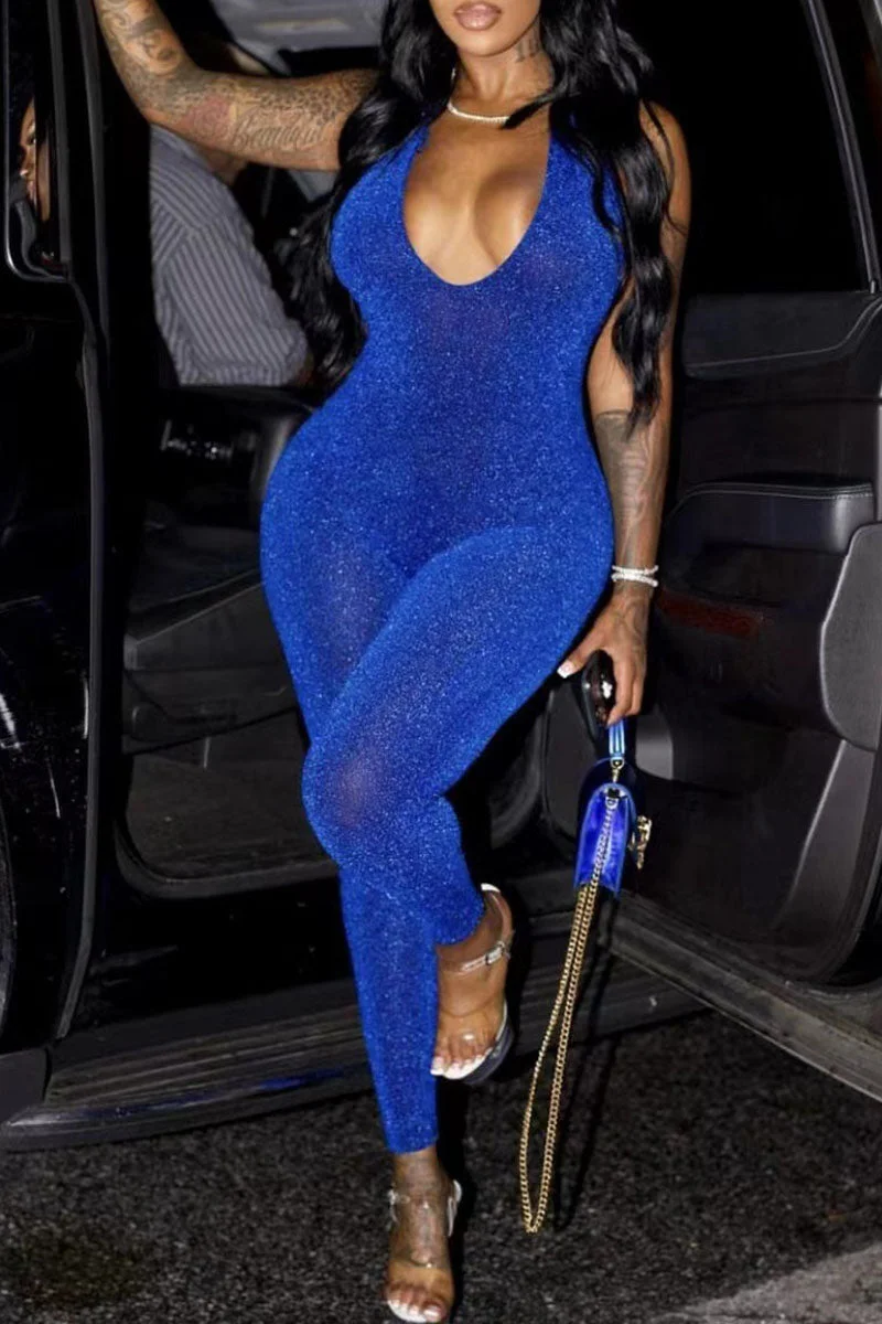 Sexy Solid Patchwork Backless Halter Skinny Jumpsuits