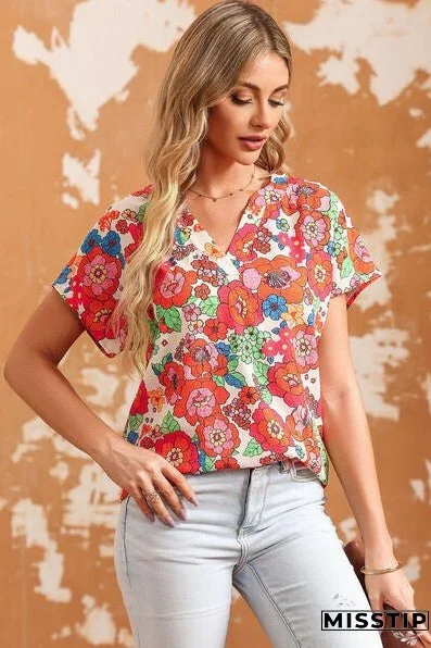 Printed Notched Short Sleeve Blouse
