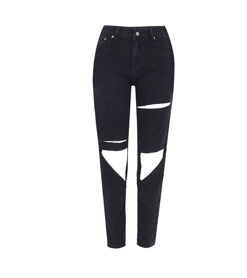 Fashion High-waisted Loose Pattern Women Ripped Straight Jeans