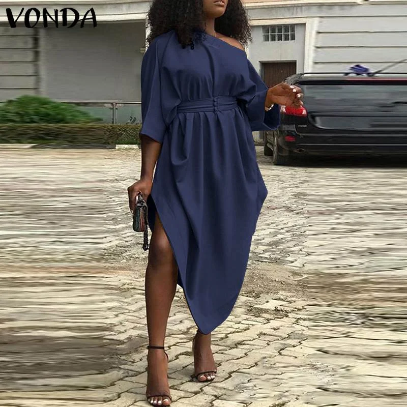 Office Dress Women Sexy Off Shoulder Dress 2022 VONDA High Waist Solid Asymmetrical Party Sundress Casual Midi Vestidos Belted