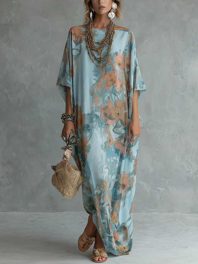 Bohemian Sky Blue Floral Print Loose Long Dress