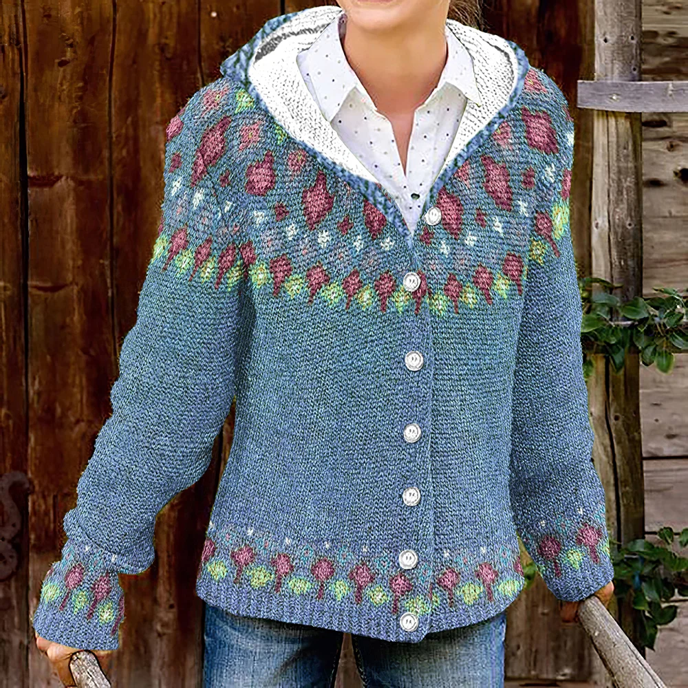 Fairman Island Geometric Contrast Print Button Knit Cardigan