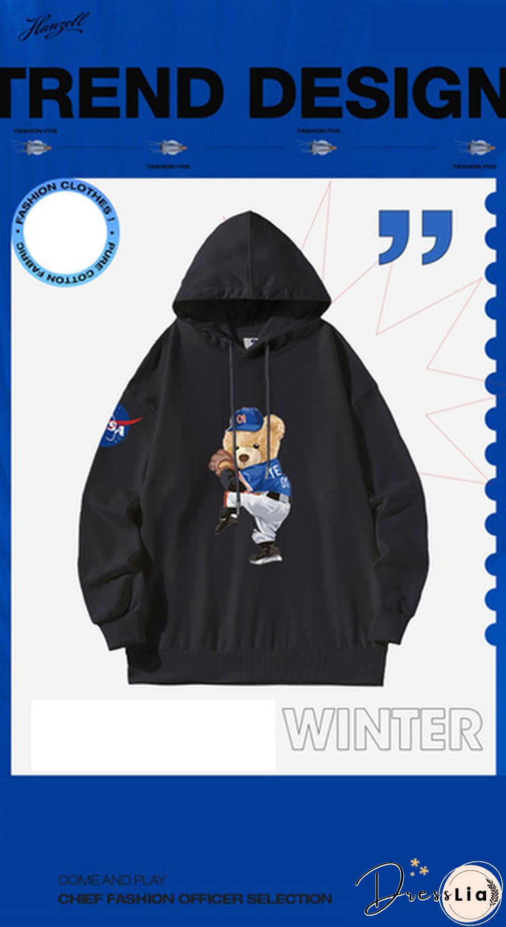 Unisex Hooded Sweater Bear Baseball Long-Sleeved Tops Nasa Tide Brand Pullovers Sweatshirts