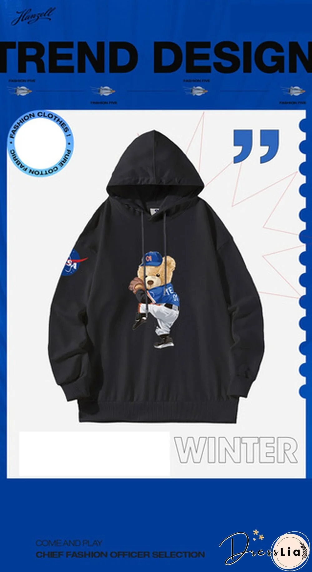 Unisex Hooded Sweater Bear Baseball Long-Sleeved Tops Nasa Tide Brand Pullovers Sweatshirts