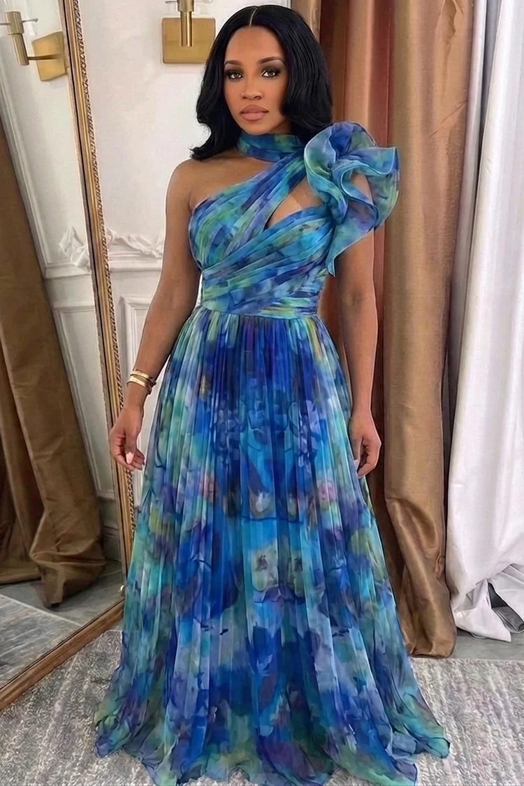 Irregular Neck Ruffle Pleated Floral Vacation Maxi Dresses-Blue