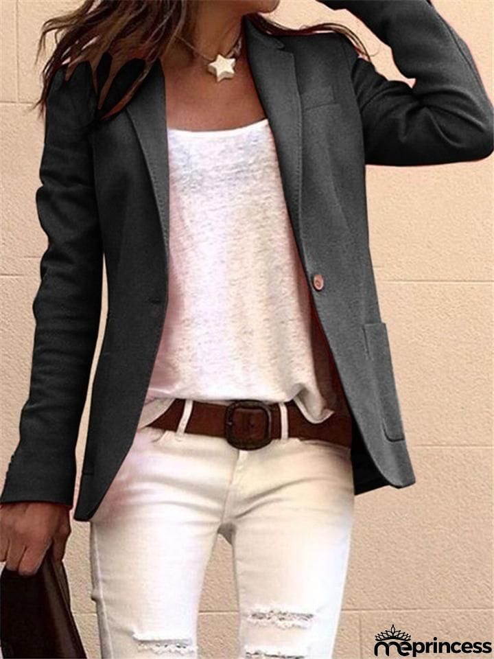 Women Solid Color Notched Collar Long Sleeves Blazer Coat