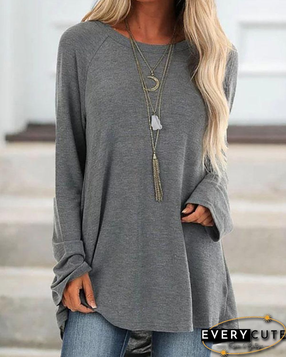 Gray Cotton Casual Crew Neck Solid Shirts & Tops