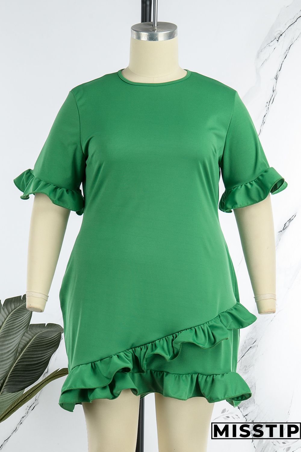 Green Casual Solid Patchwork Asymmetrical Stringy Selvedge O Neck Straight Plus Size Dresses