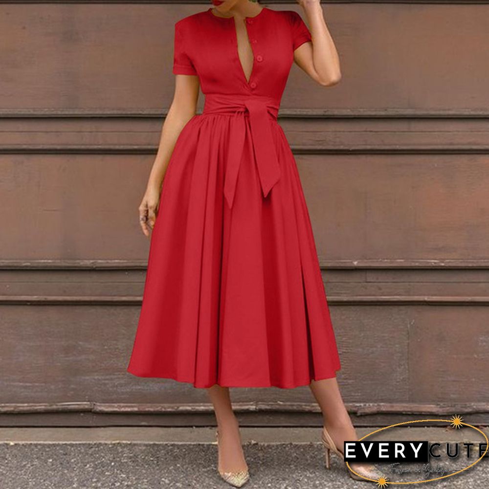 Retro Women Summer Sexy Short Sleeve Long Shirt Dress Party Elegant Big Swing Pleated Maxi Sundress
