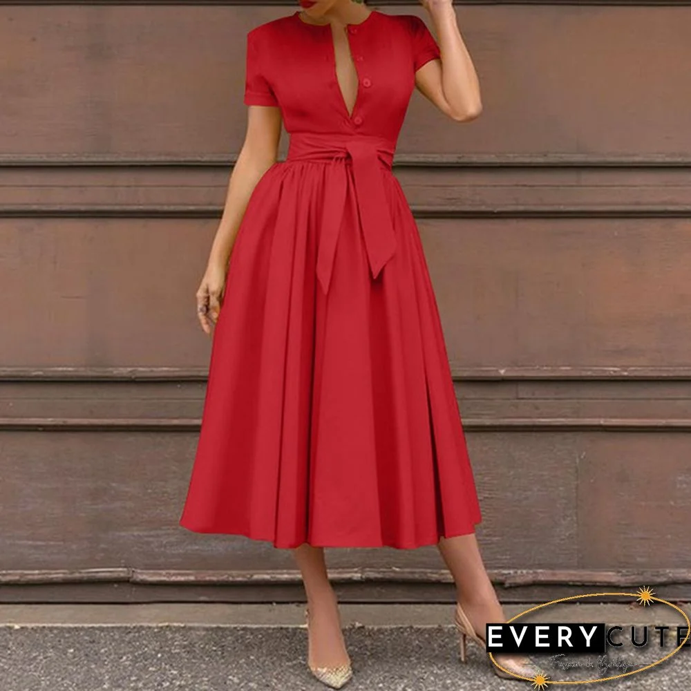 Retro Women Summer Sexy Short Sleeve Long Shirt Dress Party Elegant Big Swing Pleated Maxi Sundress