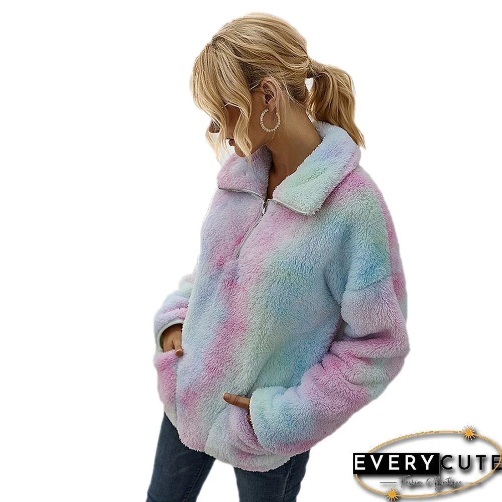 Light Pink Tie Dye Print Zip Neck Plush Sweatshirt