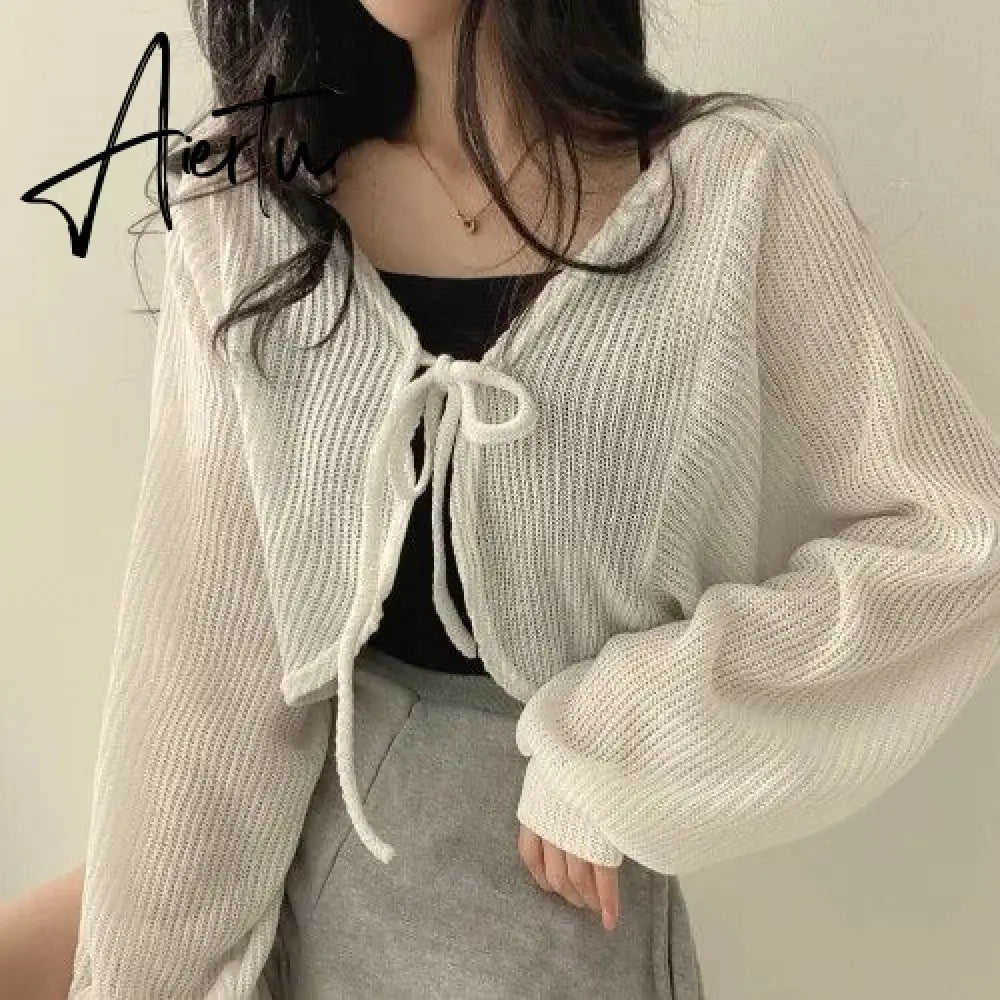 Basic Jackets Women Summer Daily Korean Style Sunscreen Lace-up Lantern Sleeve Trendy Elegant All-match Chic New Cardigan Top Aiertu