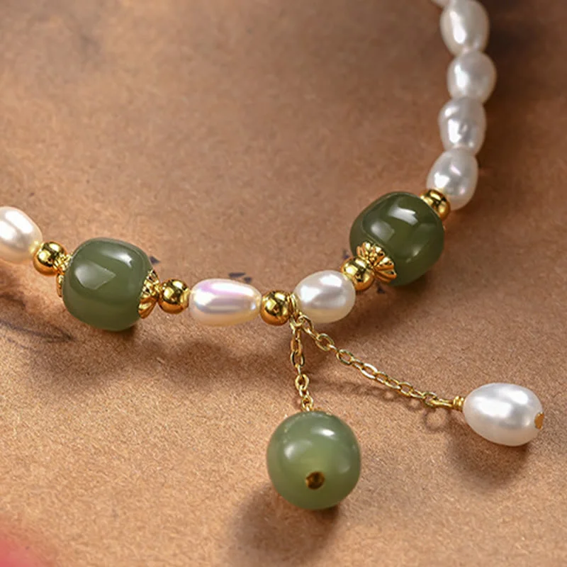 925 Sterling Silver Natural Pearl Hetian Jade Healing Bracelet