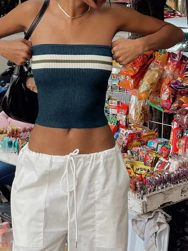 Brownm Dark Blue Knit Striped Bandeau Crop Top