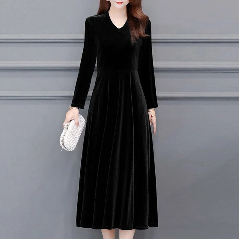 Ordifree 2021 Autumn Vintage Women Midi Party Dress Long Sleeve Burgundy Black Velvet Dress Plus Size 3XL 4XL 5XL 6XL