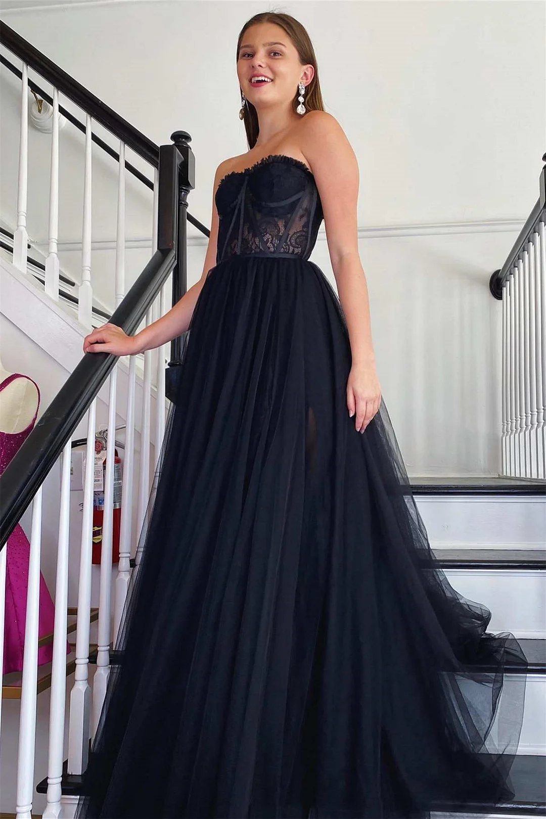Bellasprom Strapless A-Line Prom Dress Tulle Lace Zipper Back
