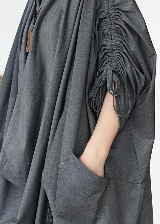 DIY v neck asymmetric cotton clothes Fabrics gray Maxi Dresses