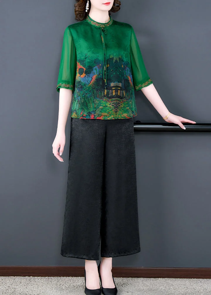 Vintage Green Print Tops And Pants Silk Two Pieces Set Summer