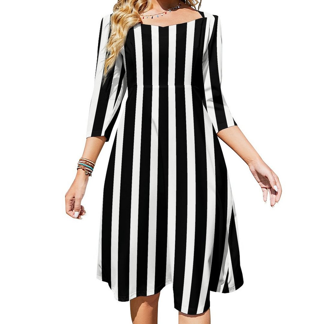 Trendy White And Black Vertical Stripes Dress Sweetheart Tie Back Flared 3/4 Sleeve Midi Dresses