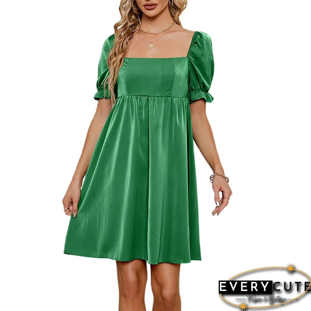 Green Square Neck Pleated Cuff Mini Dress